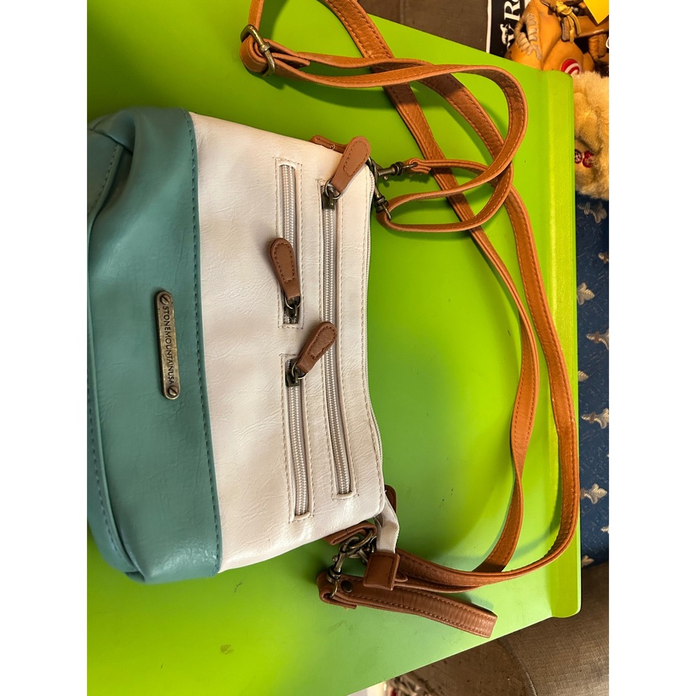 Stone Mountain USA Crossbody Bag Tri-Color Block White Teal Tan Faux Leather